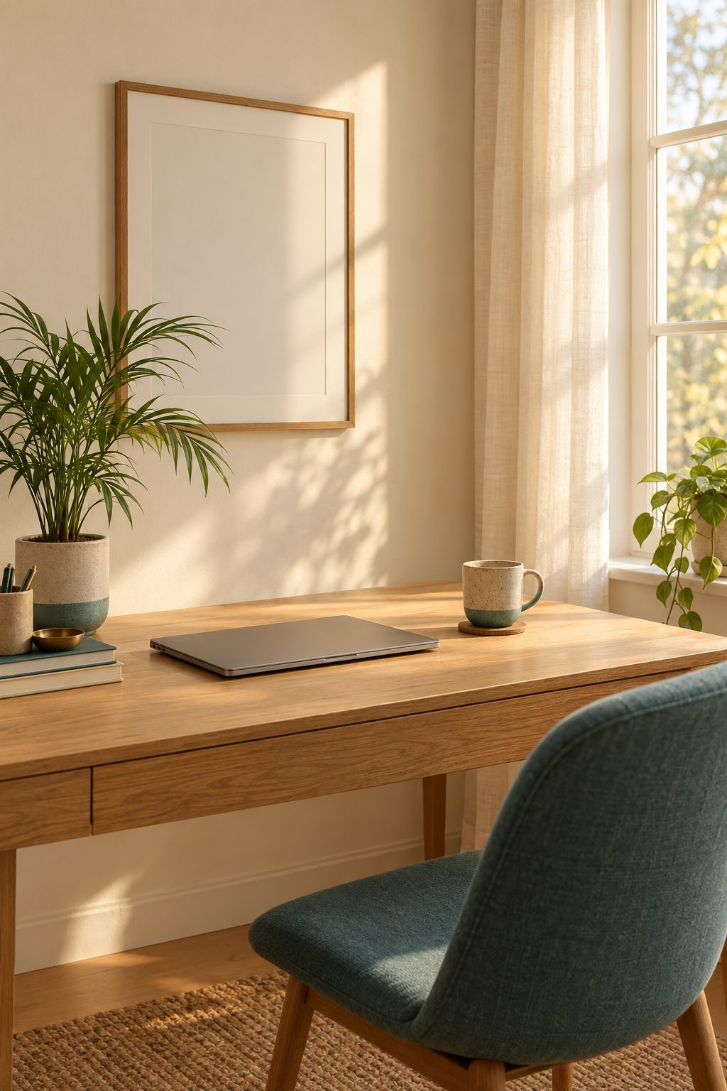 A bright home office with a light wood desk, laptop, mug and potted palm in warm morning light