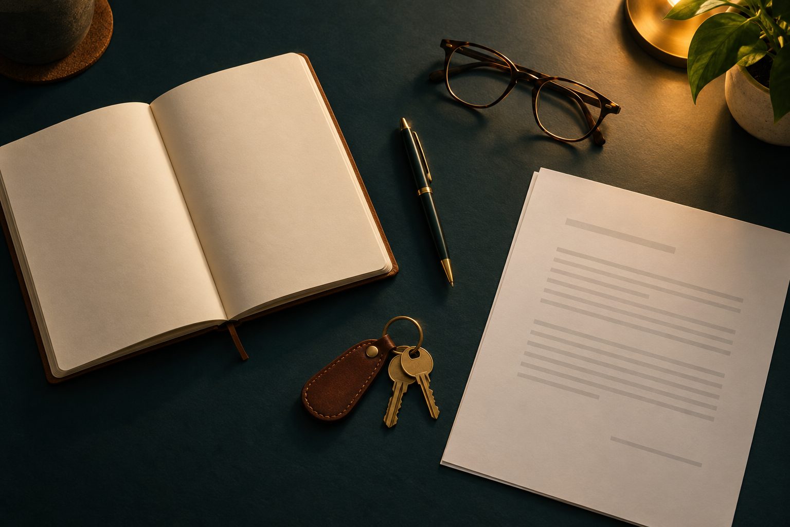 An open notebook, pen, brass house keys and a printed document on a dark teal desk lit by a warm lamp