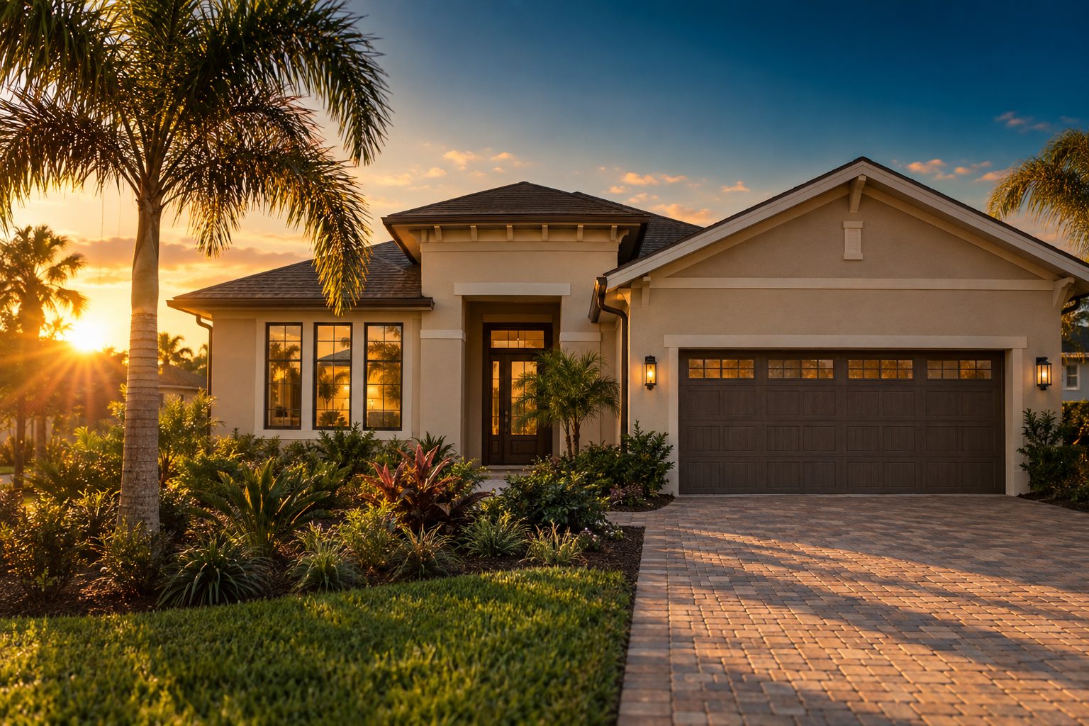 A Central Florida single-family home with palm trees and a paver driveway, photographed at sunset
