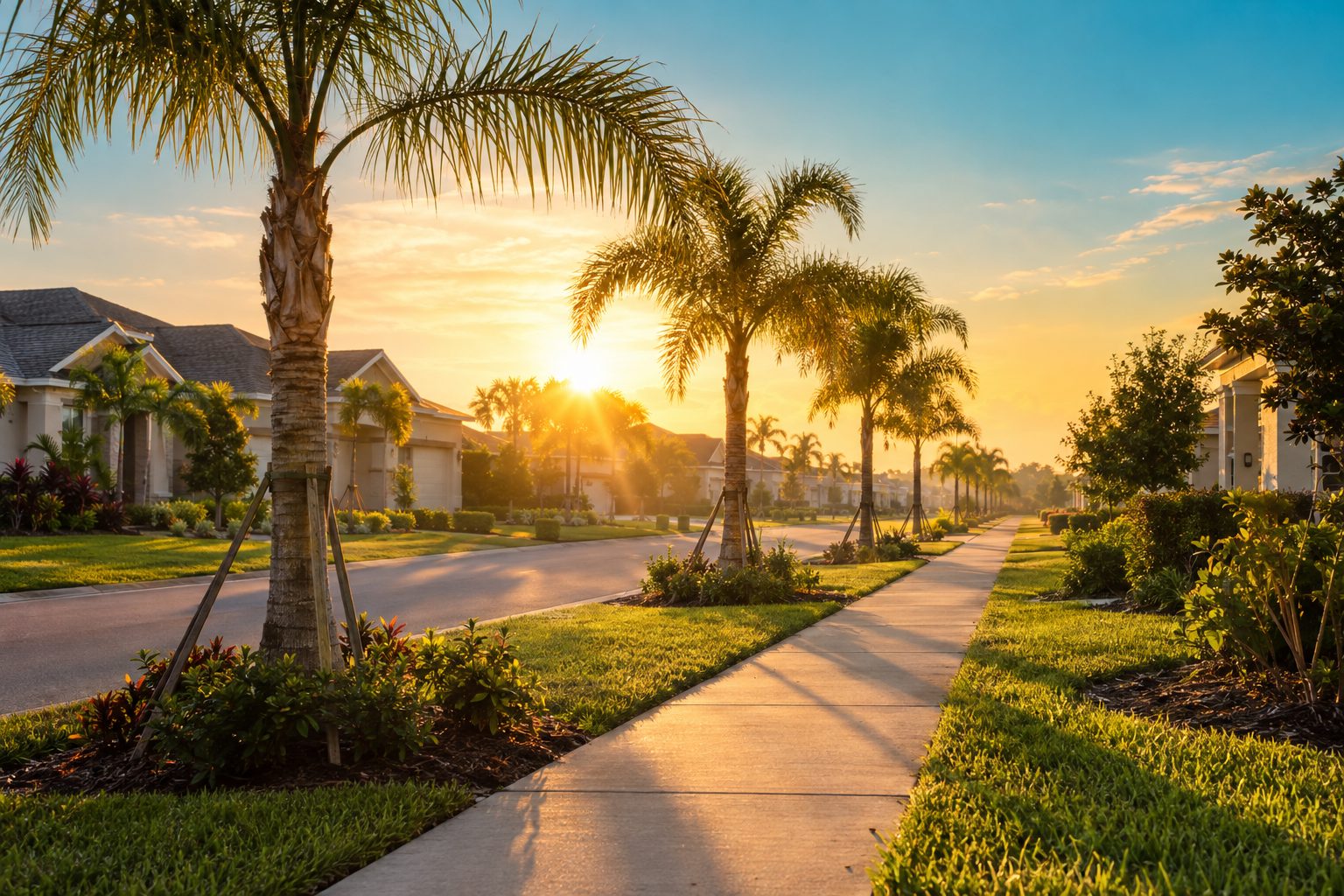 A sidewalk lined with palm trees running past homes on a quiet Central Florida street at sunrise